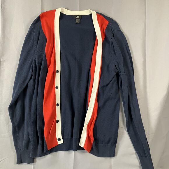 H&M Cardigan Sweater Mens XL Blue Red White Button Up Lightweight Organic Cotton - Picture 1 of 14